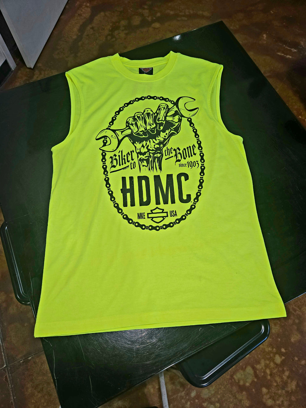 BIKER TO THE BONE HI VIZ SLEEVELESS TEE